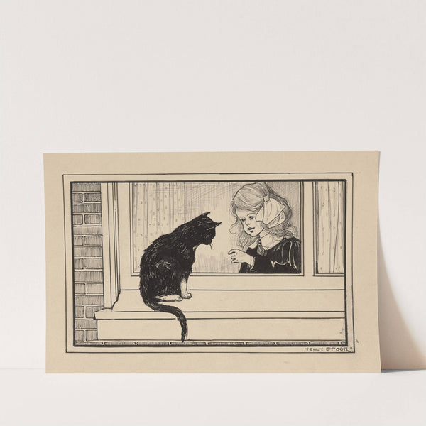 Meisje kijkt naar een kat in een vensterbank by Nelly Spoor