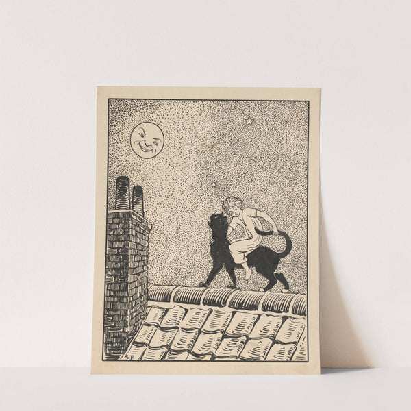 Meisje rijdt op een kat over de daken by Gust van de Wall Perné