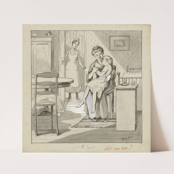 Meisje zit op schoot bij een vrouw in een slaapkamer (1888 - 1943) by Felix Hess