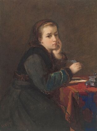 Meisje, zittend schrijvend aan een tafel