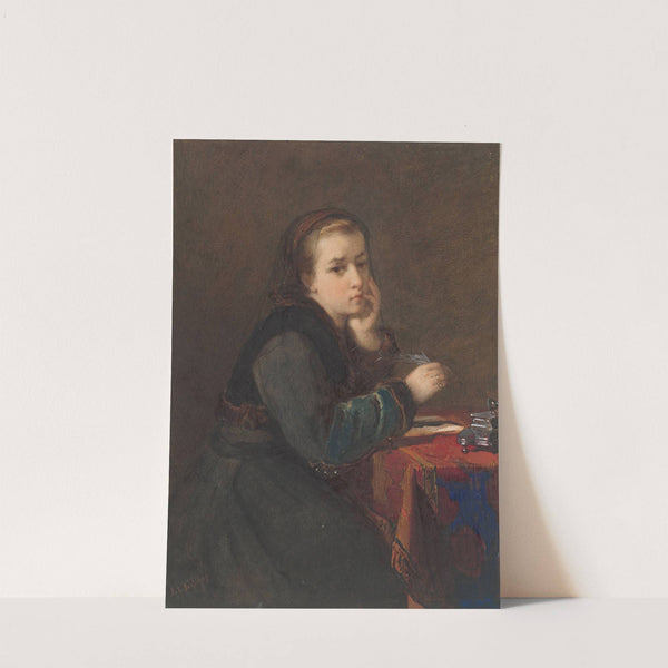 Meisje, zittend schrijvend aan een tafel by Kate Bisschop-Swift