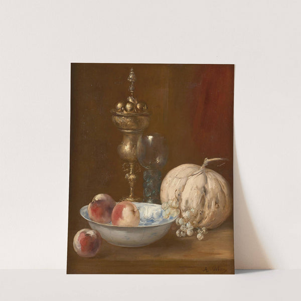 Melon, coupe de fruits et pièce d’orfèvrerie sur un entablement by Antoine Vollon