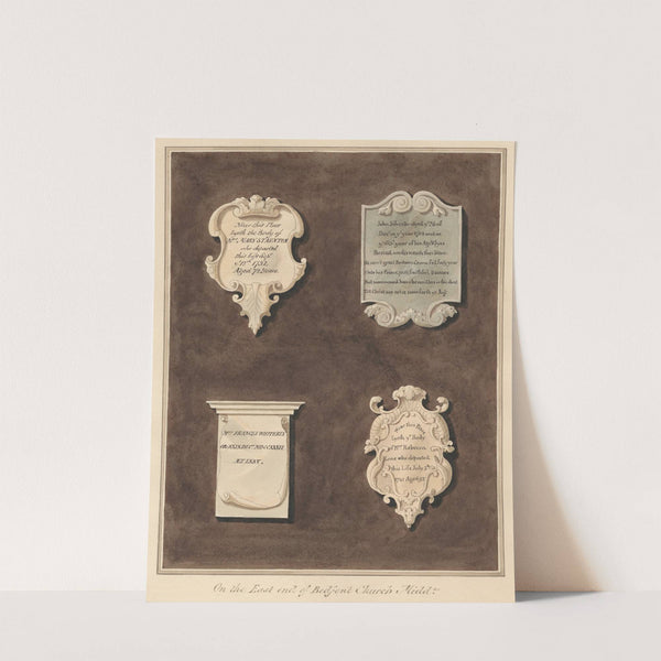 Memorials to Mrs. Mary Staunton, John Silvester, Mrs. Frances Whiterly and Mrs. Rebecca Lone from Bedfont Church by Daniel Lysons