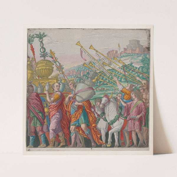 Men carrying trophies at left, trumpeters at right (1599) by Andrea Mantegna