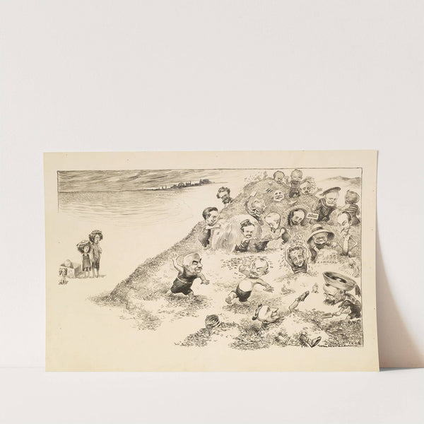 Men, including Andrew Carnegie, play on a beach made of coins, watched by three poor children and their dogs. (1908) by William Henry Walker