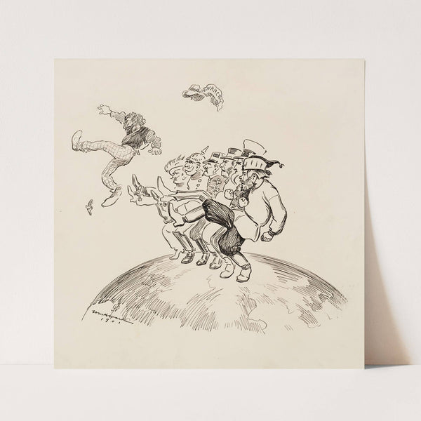 Men representing several European countries dance a kick-line together to kick out a man representing anarchy. (1901) by William Henry Walker