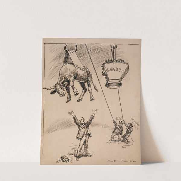 Men representing the Beef and Miner’s Trusts pull beef and coal out of the reach of a man representing consumers. (1902) by William Henry Walker