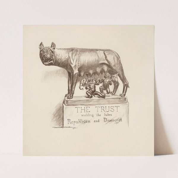 Men representing the Democratic and Republican Parties suckled by a wolf representing the Trusts (1901) by William Henry Walker