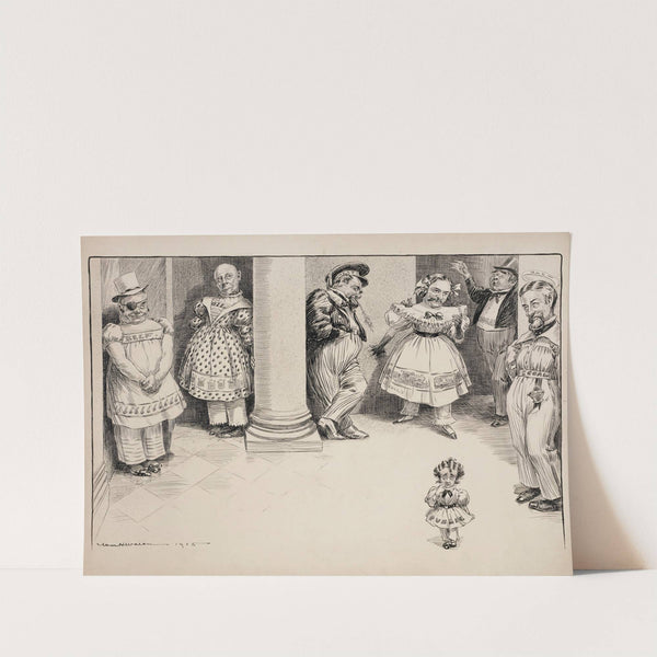 Men representing Trusts (beef, oil, wheat, sugar, coal) and Gould stand around a large room (1905) by William Henry Walker