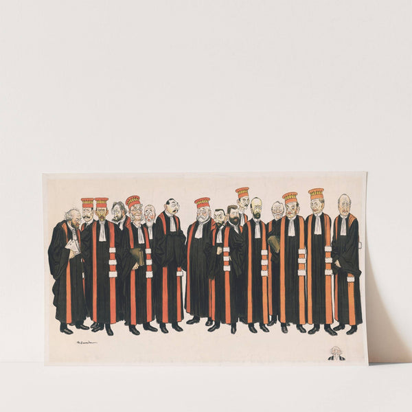 Men standing in robes with orange sashes and hats facing forward (1890) by A. Barrere