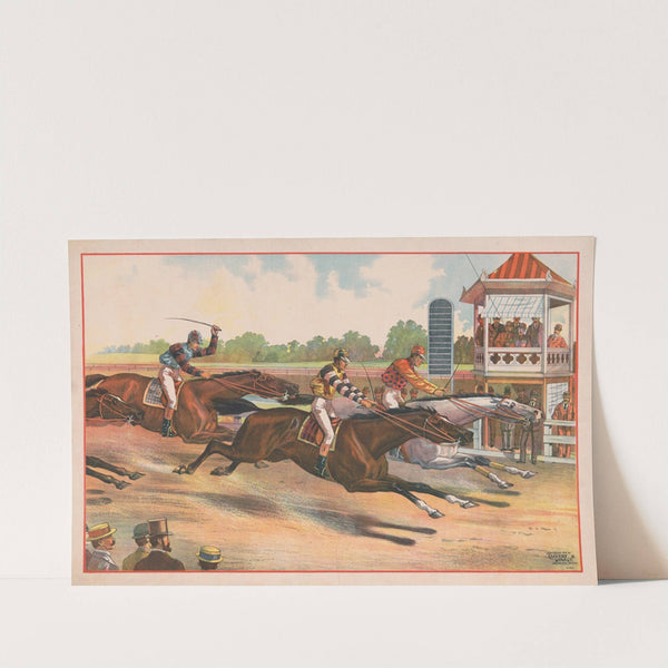 Men watching the finish of horse race for winner (1891) by Calvert Litho. Co
