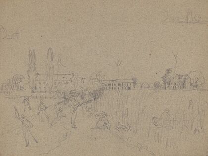 Men with rifles, possibly a duck hunting party, on the embankment of a river with marsh grasses along the shore (1858)