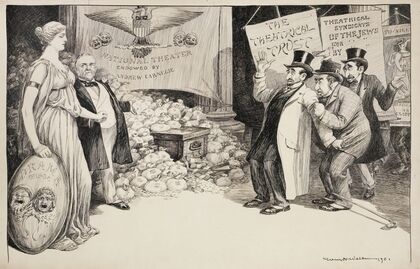 Men with signs reading ‘Theatrical Trust’ and ‘Theatrical Syndicate of the Jews’ are frightened by the approach of a woman, representing Drama (1901) — size preview