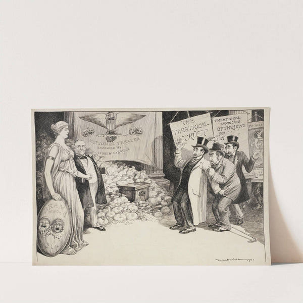 Men with signs reading ‘Theatrical Trust’ and ‘Theatrical Syndicate of the Jews’ are frightened by the approach of a woman, representing Drama (1901) by William Henry Walker