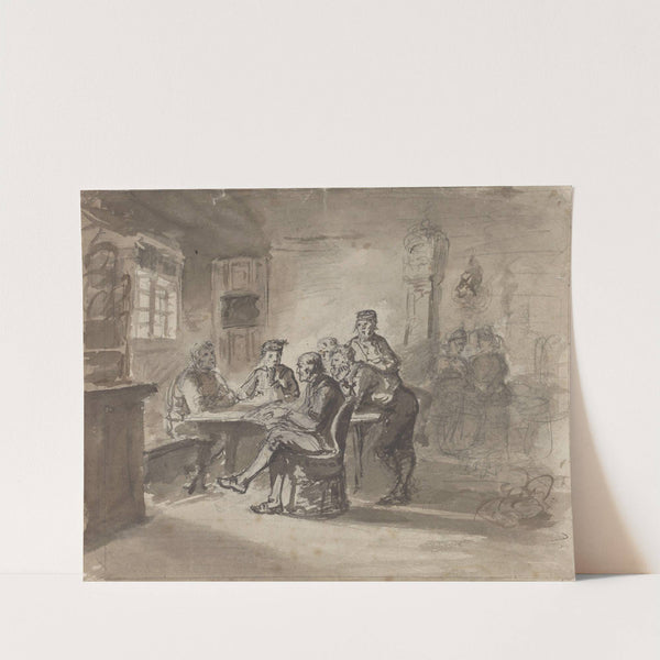 Menn i samtale rundt bord i bondestue by Adolph Tidemand