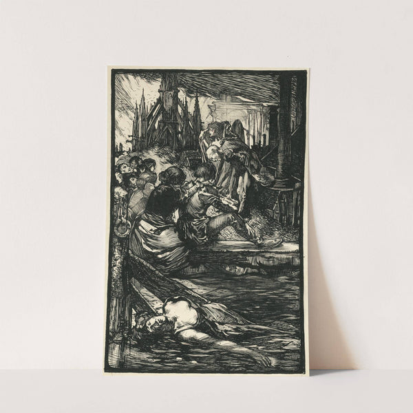 Mensen slepen met doden aan oever van water by Johannes Josephus Aarts