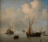Mer calme; deux petits cabotiers néerlandais à l’ancre bord-à-bord. Marine (1675)