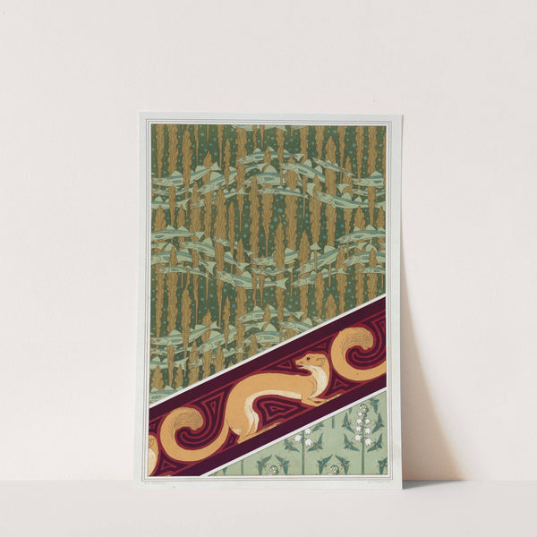 Merlans et algues, papier peint. Mouches et muguet, étoffe de soie. Hermine vulgaire, bordure. by Maurice Pillard Verneuil