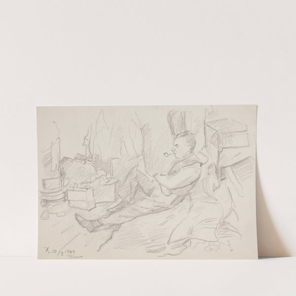 Mężczyzna z fajką siedzący w schronie by Ivan Ivanec