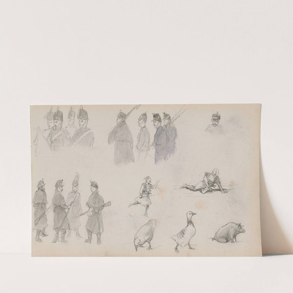 Militairen, ganzen en een zwijn (1880) by Marius Bauer