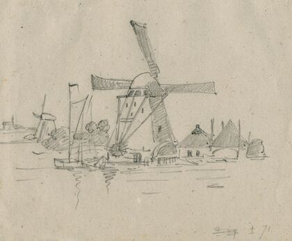 Mills and a farmhouse on a lake