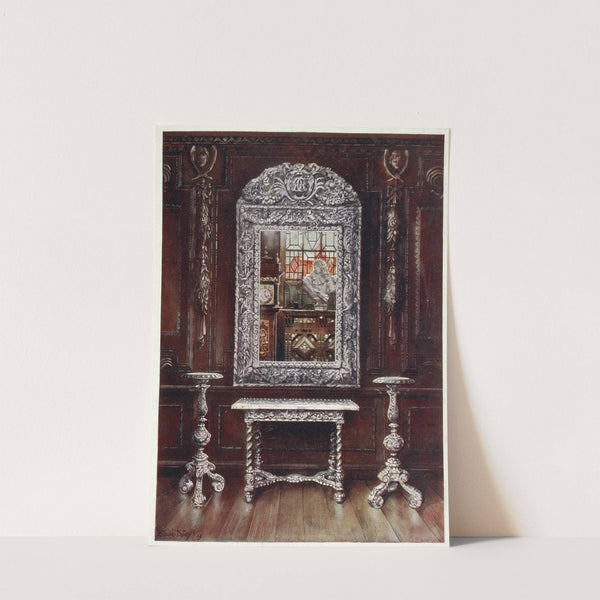 Mirror, gueridons, and table overlaid with silver plaques by Edwin Foley