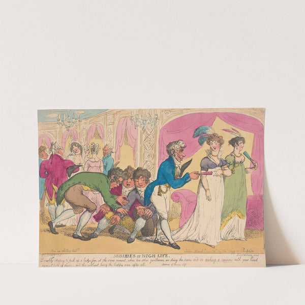 Miseries of high life; Briskly stooping to pick up a lady’s fan . . . (1808) by Thomas Rowlandson