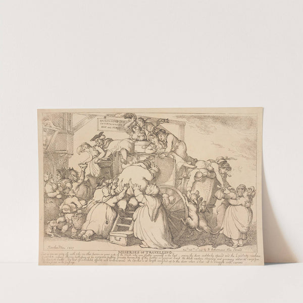 Miseries of travelling; Just as you are going off with only . . . (1807) by Thomas Rowlandson