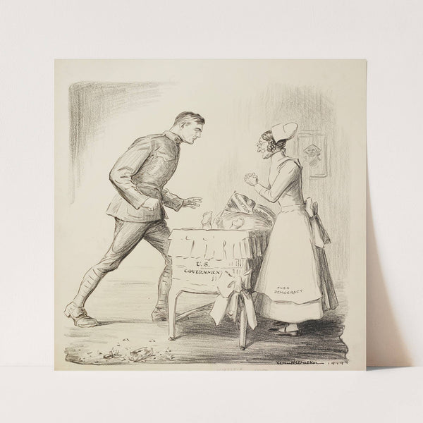 Miss Democracy, depicted as a nurse, tends to a baby representing Prohibition in a crib representing the United States government (1919) by William Henry Walker