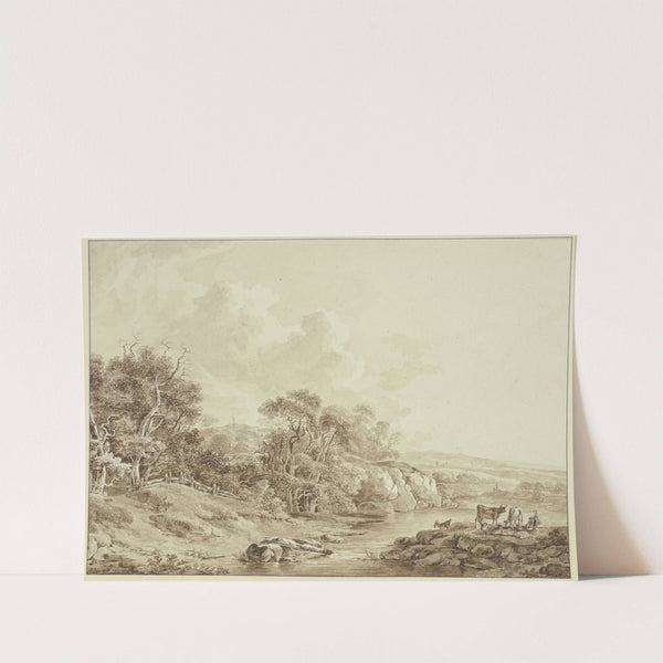 Mittelgebirgslandschaft mit Bach, rechts Viehherde by Johann Heinrich Wüest