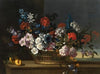 Mixed flowers in a basket beside peaches on a table, a landscape beyond