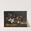 Mixed flowers in a basket beside peaches on a table, a landscape beyond by Pieter Casteels III
