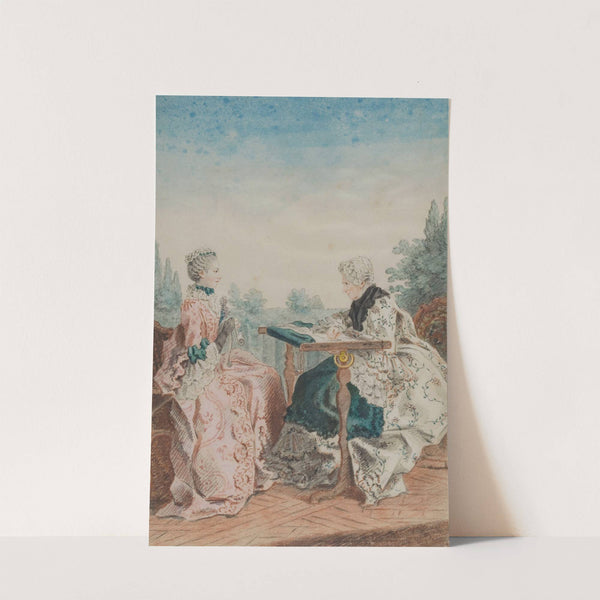 Mme Laleu à son métier à tapisserie et Mlle Mélin travaillant dans un jardin by Louis Carrogis Carmontelle
