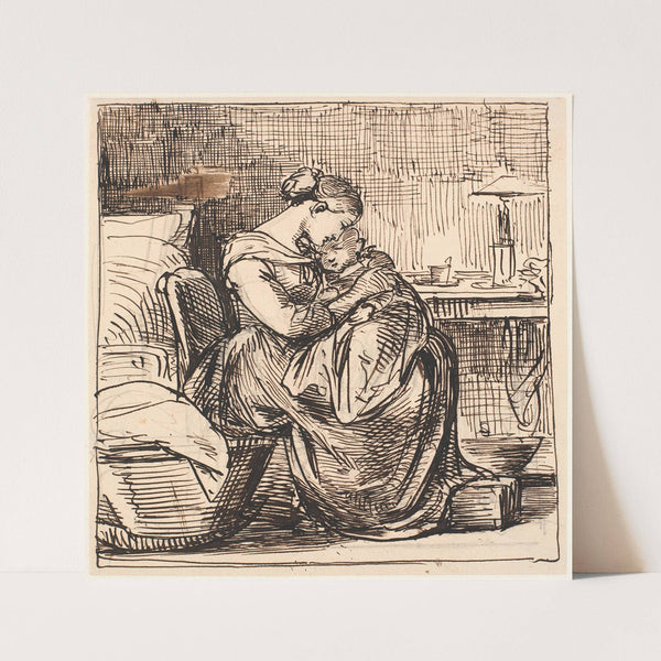 Moder med sovende barn på skødet i sovekammer by Wilhelm Marstrand