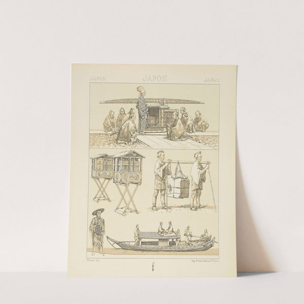 Modes et moyens de transport;e norimon et ses porteurs, les cantines de voyage, barque fluviale, coolies, paysan (1876-1888) by Auguste Racinet