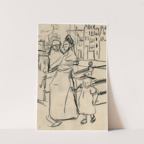 Moeder met twe kinderen loopt over een brug by Isaac Israëls