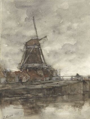 Molen en de brug bij de Noord-West-Buitensingel in Den Haag