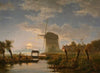 Mondbeschienene Flusslandschaft mit einer Windmühle und einer Schleuse (1850)