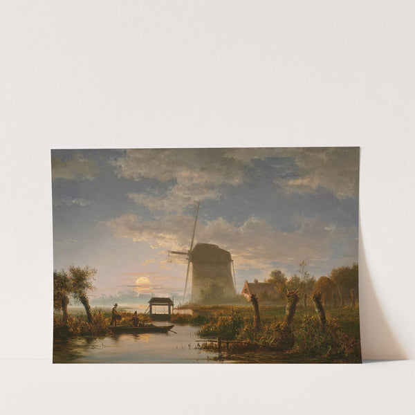 Mondbeschienene Flusslandschaft mit einer Windmühle und einer Schleuse (1850) by Jacobus Theodorus Abels