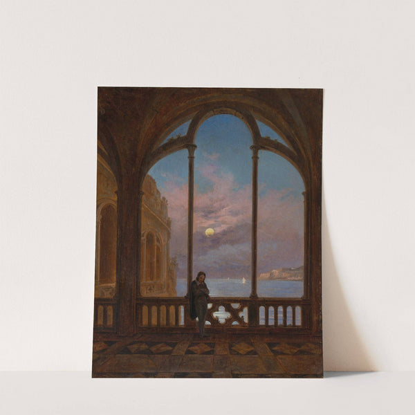 Mondnacht am italienischen Meer mit einem versunkenen Leser am gotischen Fenster by Carl Gustav Carus