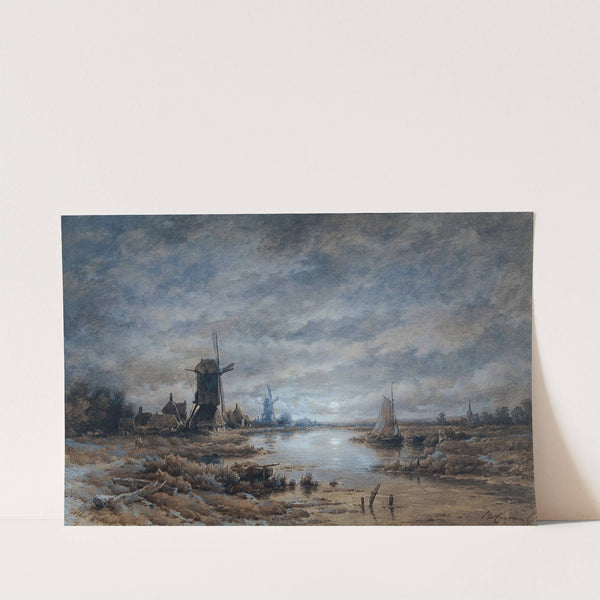 Mondnacht (Kanallandschaft mit Windmühlen und Schiffen) by Remigius Adrianus van Haanen