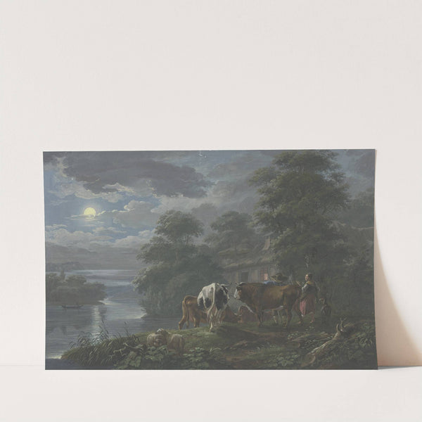 Mondscheinlandschaft an einem Fluß, Hirte und Hirtin treiben das Vieh zum Hof by Johann Georg Pforr