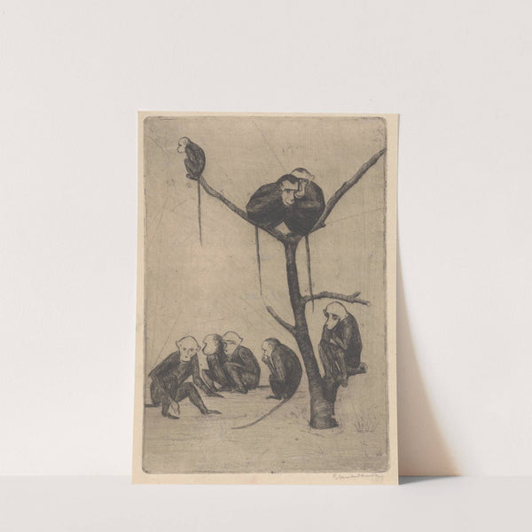 Monkeys sitting in and near a tree by Rachel van Dantzig