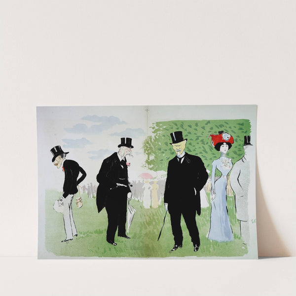 Monsieur Bamberger (le père), le Baron Alphonse de Rothschild, Monsieur Henri de Rochefort et Lina Cavalieri, cantatrice (1900) by Georges Goursat (Sem)