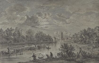Moonlit view of a river with fishermen and a town in the background