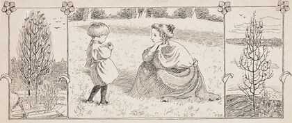 mother and small child in a meadow, next to wooden subjects — size preview
