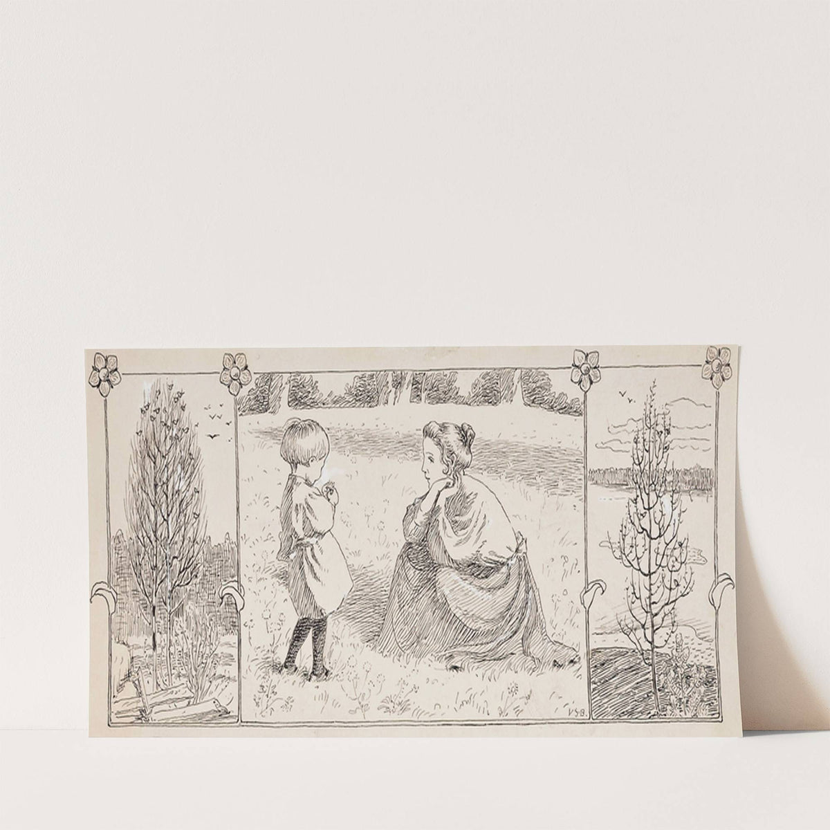 mother and small child in a meadow, next to wooden subjects by Venny Soldan-Brofeldt