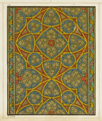 Motifs de vitrail (partie centrale d’une fenêtre) trilobes et quadrilobes entrelaçés, fond jaune