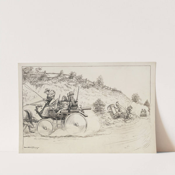 Motorists cause a horse and wagon to crash, but approach another wagon where each member of the family carries a gun for protection. (1902) by William Henry Walker