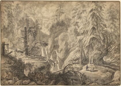 Mountain Landscape, Peasants in a Clearing near a Waterfall (early 1650s)